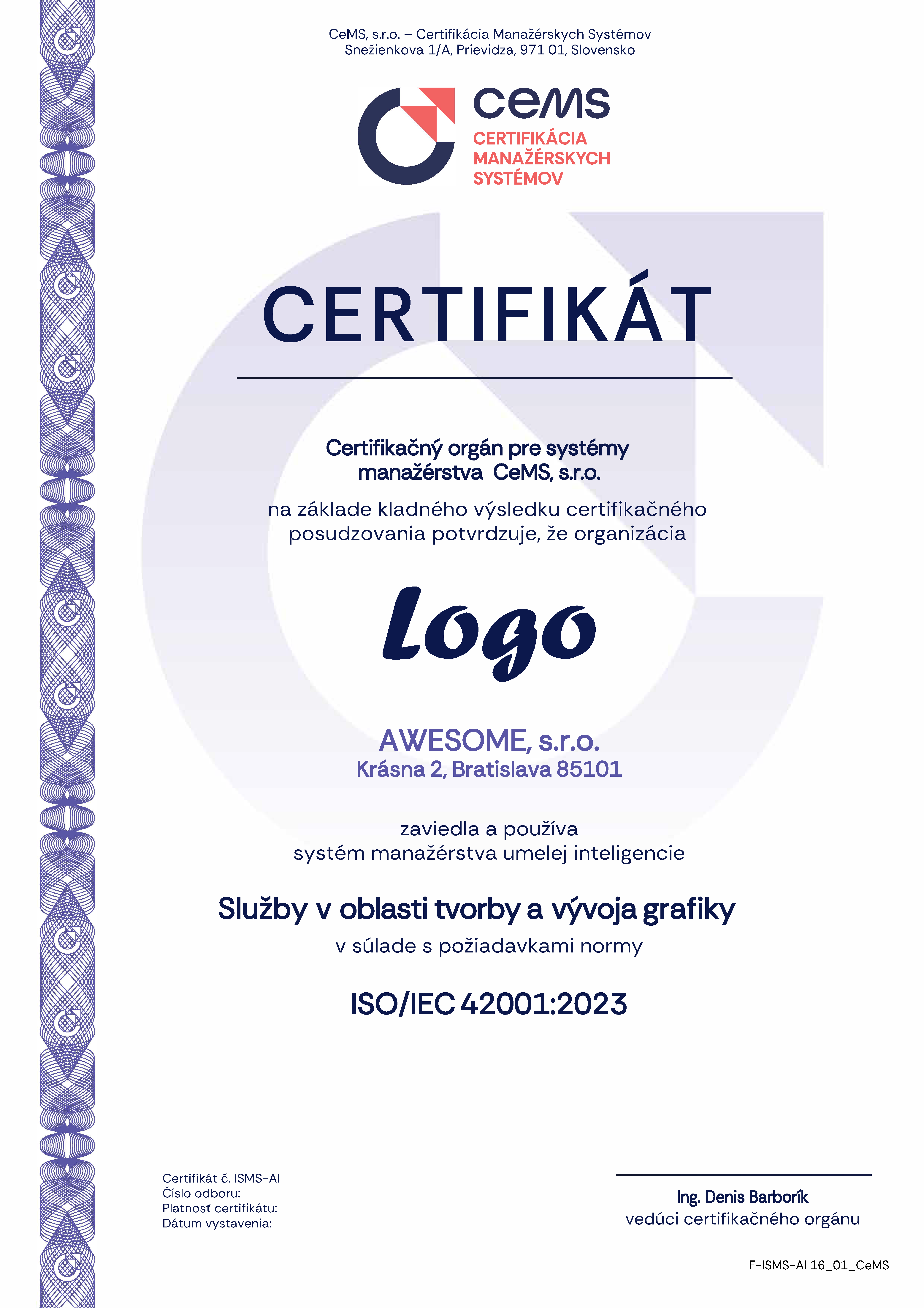 vzor certifikátu ISO 42001 od CeMS